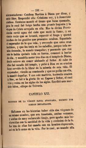 Capítulo XXI. Martirio de la Vírgen Santa Anastasia, escrito por Simeon Metafraste