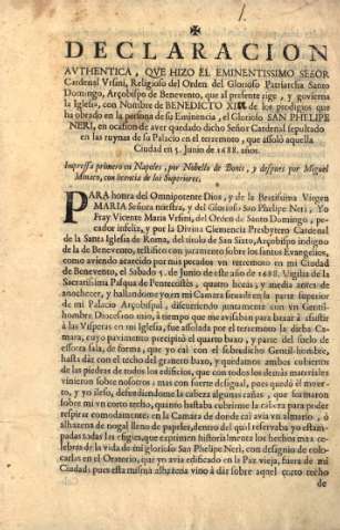 Declaracion avthentica, qve hizo el eminentissimo señor cardenal de Vrsini...