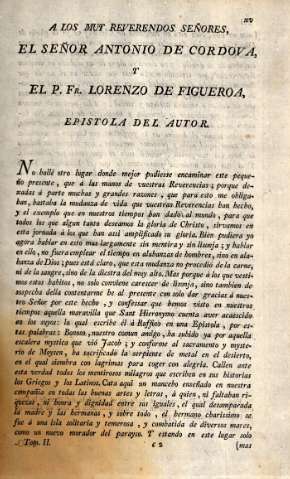 A los muy reverendos señores, el señor Antonio de Cordova, y el P. Fr. Lorenzo de Figueroa, epistola del autor