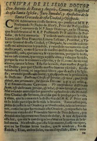 Censvra de el Señor Doctor Don Antonio de Roxas y Angulo