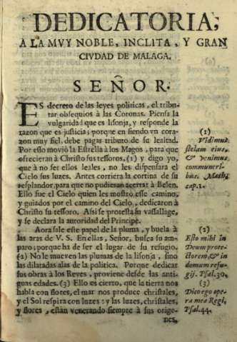 Dedicatoria, a la mvy noble, inclita, y gran civdad de Malaga