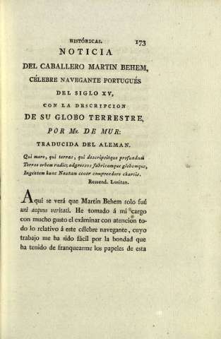 Noticia del Caballero Martin Behem, célebre navegante portugués...