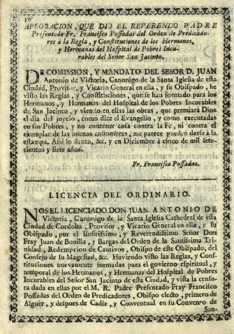 Aprobacion, que dio el Reverendo Padre presentado Fr. Francisco Possadas...