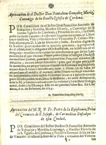 Aprouacion de el Doctor Don Pantaleon Gonçalez Moriz
