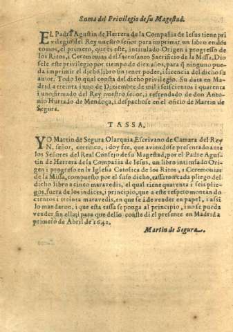 Suma del Privilegio de su Majestad. Tassa