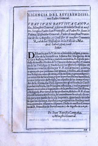 Licencia del Reverendissimo Padre General. Fray Ivan Bavtista Canpaña...