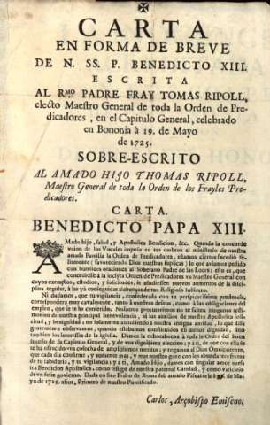 Carta en forma de breve de N. SS. P. Benedicto XIII...