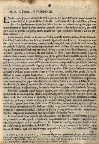 M.R.P. Prior, o Presidente. El dia 14 de Junio de este año de 1769, entrò en el gozo del Señor...Fr. Juan de Dios, y Mendoza...