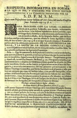 Respuesta informativa en forma a la que se diò, y suscribiò por cinco señores Jurisconsultos a la consulta presentada por la S.D.F.M.S.M.