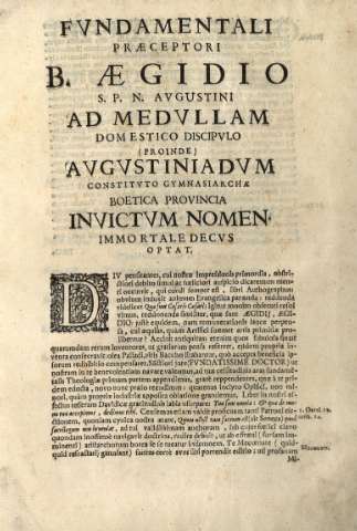 Fvndamentali praeceptori B. Aegidio S.P.N. Avgustini...