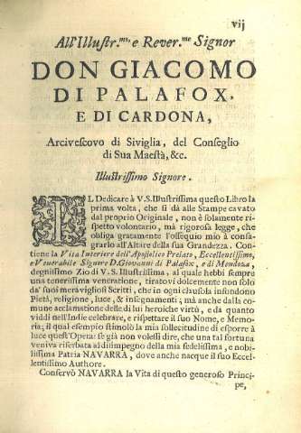All' Illustr.mo e Rever.mo Signor Don Giacomo di Palafox, e di Cardona...