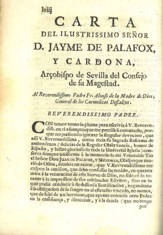Carta del Ilustrissimo Señor D. Jayme de Palafox, y Cardona...