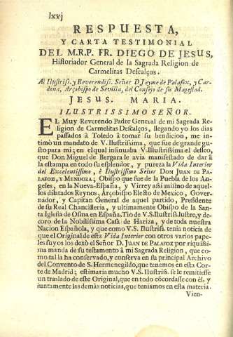 Respuesta y carta testimonial del M. R. P. Fr. Diego de Jesus...