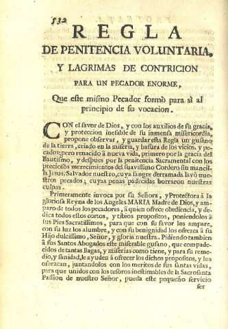 Regla de Penitencia voluntaria, y lagrimas de contricion...
