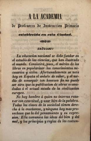 A la Academia de Profesores de Instruccion Primaria establecida en esta ciudad