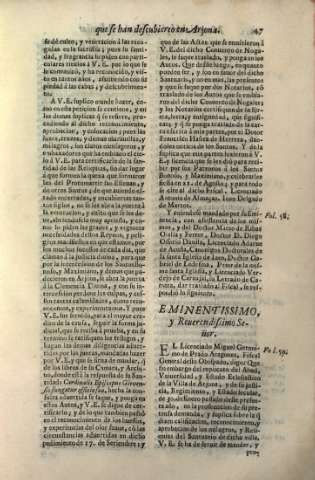 Eminentissimo y Reuerendissimo señor. El Licenciado Miguel Geronimo de Prado Aragones...