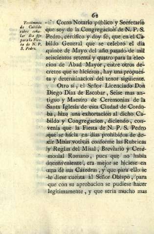 Testimonio de Cabildo sobre señalar dia fijo para la Fiesta de N. P. S. Pedro
