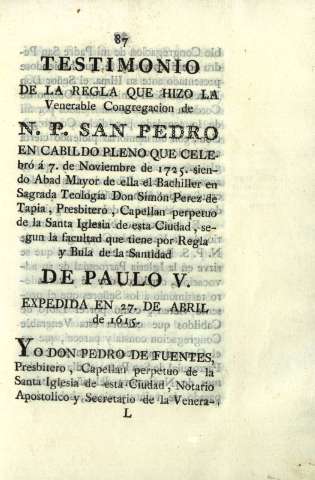 Testimonio de la Regla que hizo la Venerable Congregacion de N. P. San Pedro... De Paulo V