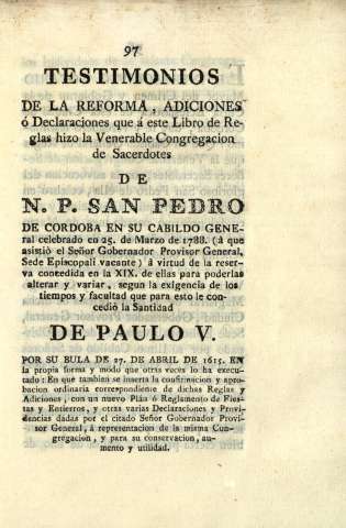 Testimonios de la Reforma, adiciones ó Declaraciones que á este libro de Reglas...