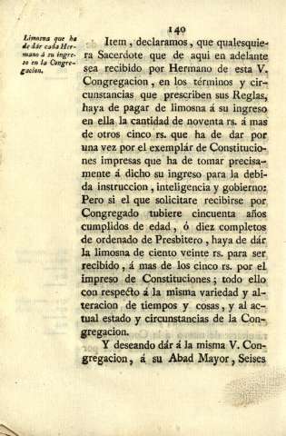 Limosna que ha de dar cada Hermano á su ingreso en la Congregacion