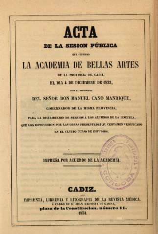 Acta de la sesion pública que celebró la Academia de Bellas Artes de la provincia de Cádiz...