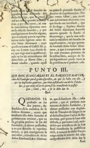 Punto III. Que Don Juan Carlos es el pariente mas cercano del Fundador por el grado especifico ...