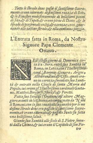 L' Entrata satta in Roma, da Nostro Signore Papa Clemente Ottauo