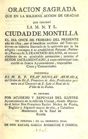 Oracion sagrada que en la solemne accion de gracias que celebró la M. N. Y L. ciudad de Montilla...