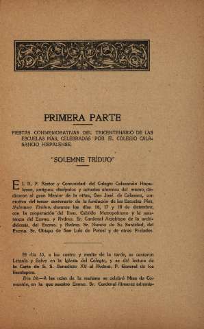 Primera Parte. Fiestas conmemorativas del tricentenario de las Escuelas Pías...