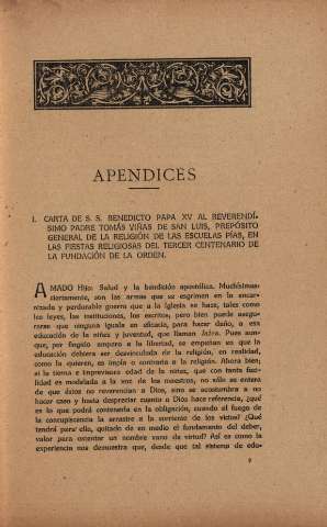 Apendices. Carta de S.S. Benedicto Papa XV...