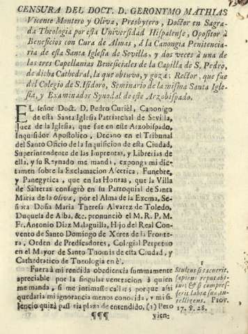 Censura del Doct. D. Geronymo Mathias Vicente Montero y Oliva, Presbytero, Doctor en Sagrada Theologia por esta Universidad ...