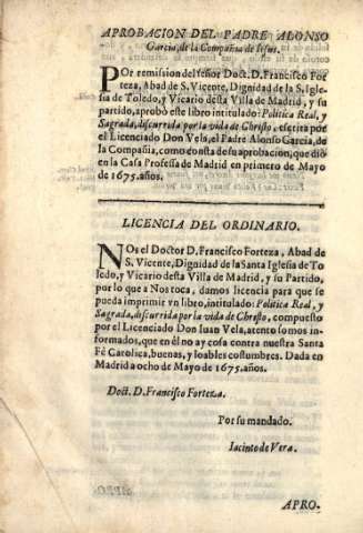 Aprobacion del Padre Alonso Garcia. Licencia del ordinario
