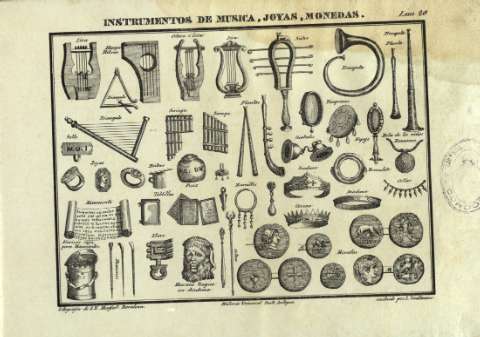 Instrumentos de Musica, joyas, monedas. Lám.20