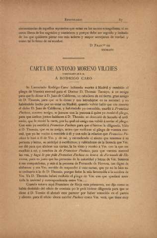 Carta de Antonio Moreno Vilches á Rodrigo Caro