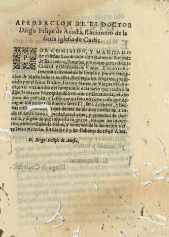 Aprobacion de el doctor Diego Felipe de Acosta, Racionero de la Santa Iglesia de Cadiz