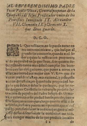 Al reverendissimo padre Iuan Paulo Oliua, General perpetuo de la Compañia de Iesus ...