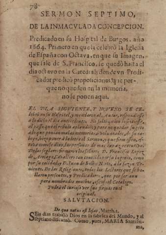 Sermon septimo, de la Inmaculada Concepcion. Predicado en su Hospital de Burgos, año 1664 ...
