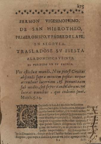 Sermon vigesimoprimo. De San Hierotheo, primer obispo, y padre de la fe, en Segovia