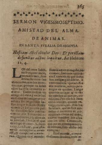 Sermon vigesimoseptimo. Amistad del alma de animas en Santa Evlalia de Segovia