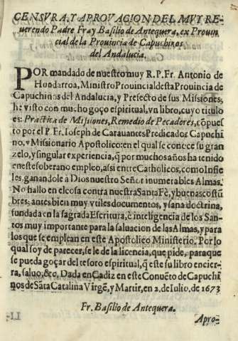 Censvra, y aprovacion del mvy reuerendo Padre Fray Basilio de Antequera, ex Pouincial de la Prouincia de Capuchino del Andalucia