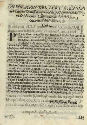 Aprobacion del M.R.P. Fr. Basilio de Viana ex Comissario general de los Capuchinos del Reyno ...