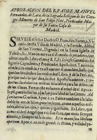Aprobacion del R. Padre Manvel Fernandez de Lara, de la Sagrada Religion de los Clerigos Menores ...