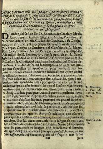 Aprobacion de el M. R. P. M. Fr. Chistobal Ortiz...