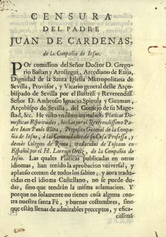 Censura del Padre Juan de Cardenas, de la Compañia de Iesus