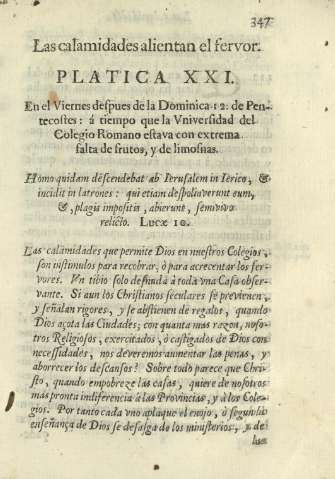 Las calamidades alientan el fervor. PLatica XXI. En el Viernes despues de la Dominica 12. de Pentecostes ...
