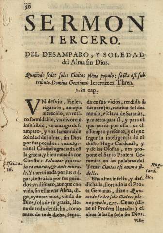 Sermon tercero. Del desamparo, y soledad del Alma sin Dios