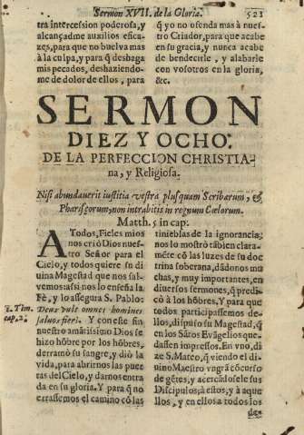Sermon diez y ocho. De la perfeccion christiana, y Religiosa