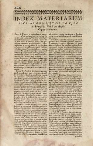 Index materiarum sive argumentorum quae in Evangelio Marci per singula Capita continentur