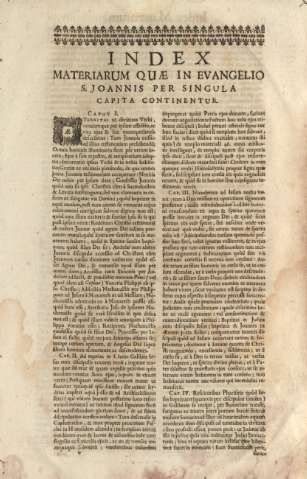 Index materiarum quae in evangelio S. Joannis per singula capita continentur