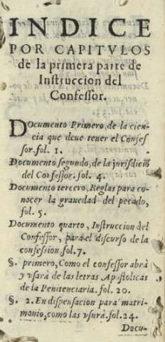 Indice por capitvlos de la primera parte de Instruccion del Confessor